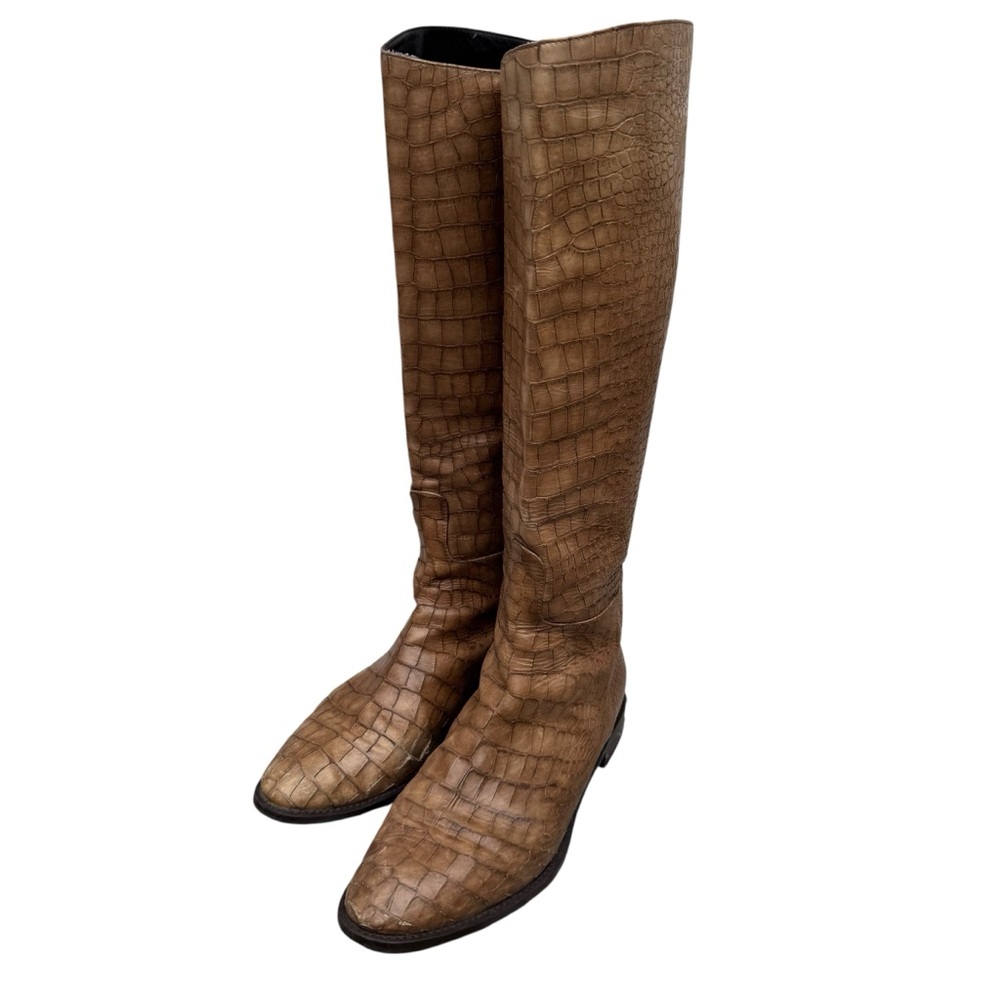 Stuart Weitzman Equine Croc-Embossed Knee Leather Boots Espresso Brown Size 8.5 - Picture 2 of 14